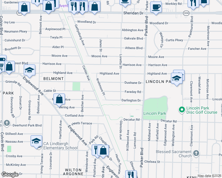 map of restaurants, bars, coffee shops, grocery stores, and more near 261 Faraday Road in Buffalo