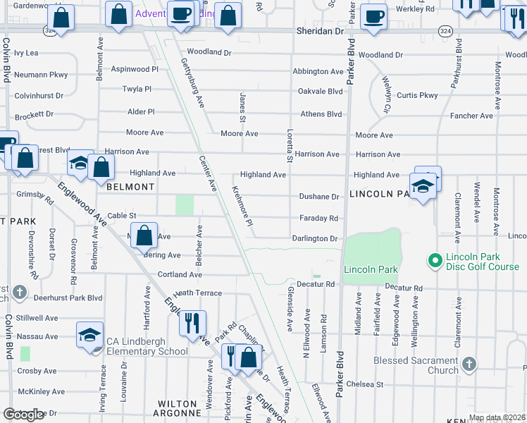 map of restaurants, bars, coffee shops, grocery stores, and more near 261 Faraday Road in Buffalo