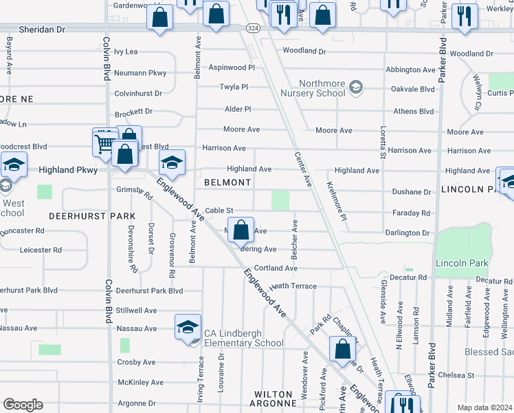 map of restaurants, bars, coffee shops, grocery stores, and more near 74 Moulton Avenue in Buffalo