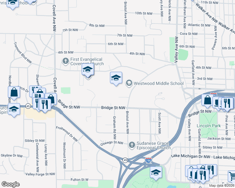 map of restaurants, bars, coffee shops, grocery stores, and more near 1630 Rebecca Court Northwest in Grand Rapids