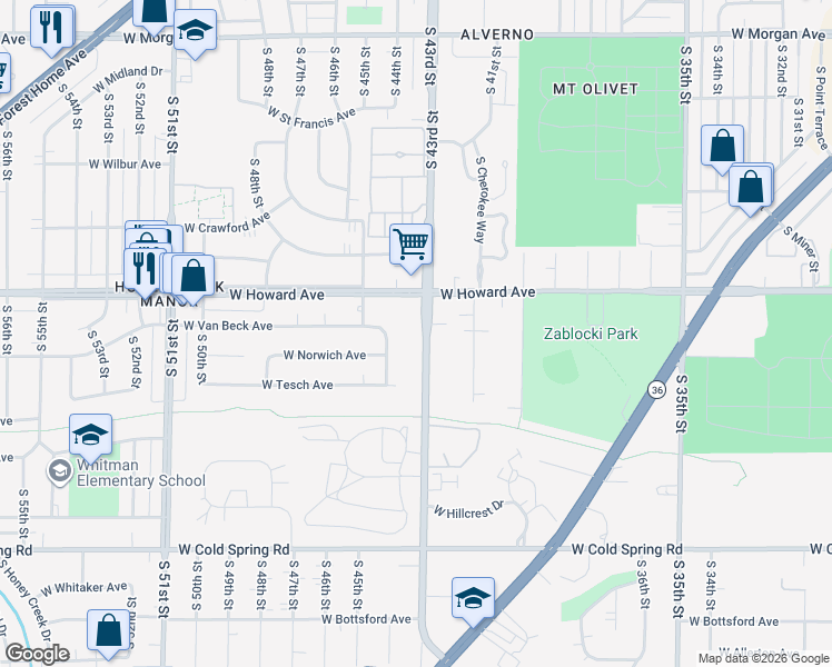 map of restaurants, bars, coffee shops, grocery stores, and more near 3961 South 43rd Street in Greenfield