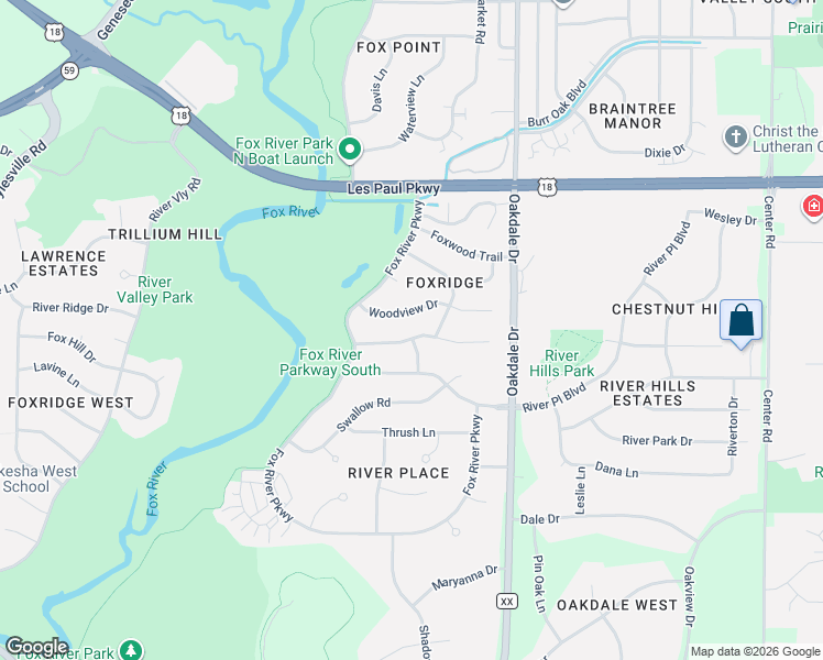map of restaurants, bars, coffee shops, grocery stores, and more near 2260 Wren Lane in Waukesha
