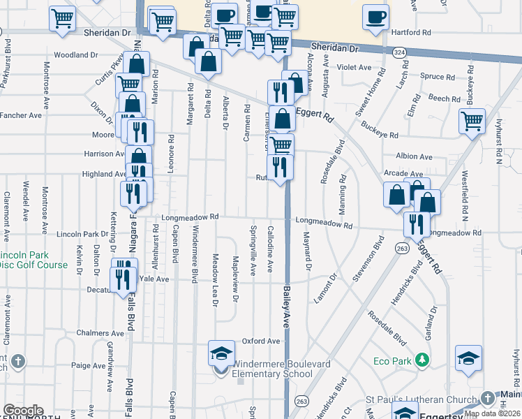 map of restaurants, bars, coffee shops, grocery stores, and more near 478 Springville Avenue in Buffalo