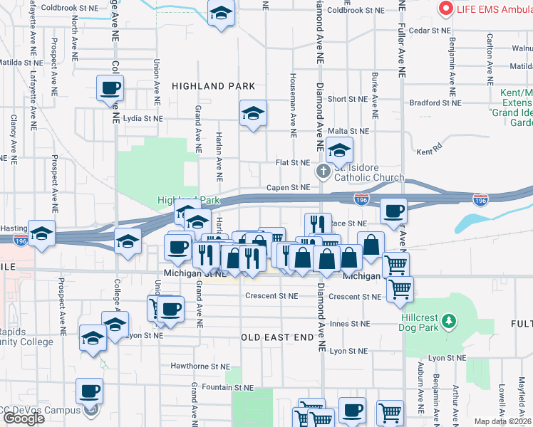 map of restaurants, bars, coffee shops, grocery stores, and more near 467 Emerald Avenue Northeast in Grand Rapids