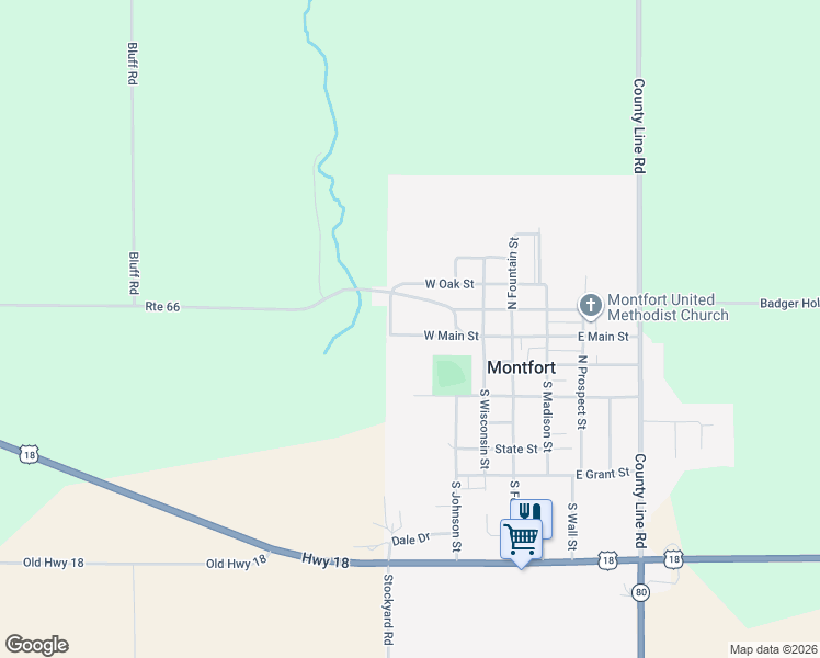 map of restaurants, bars, coffee shops, grocery stores, and more near 311 West Main Street in Montfort