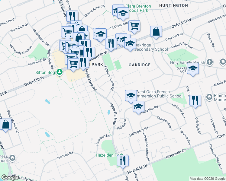 map of restaurants, bars, coffee shops, grocery stores, and more near 15 Fiddlers Green Road in London