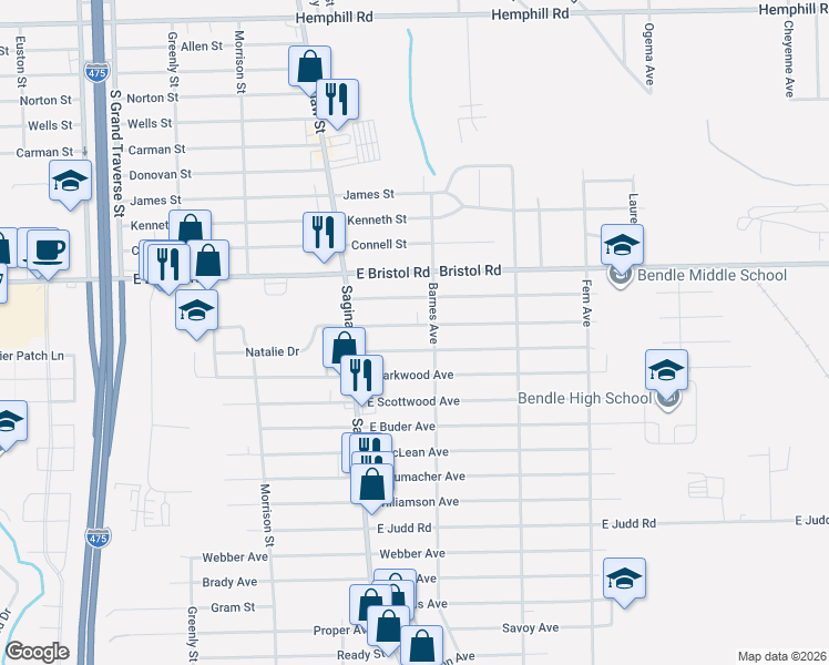 map of restaurants, bars, coffee shops, grocery stores, and more near 2066 East Whittemore Avenue in Burton