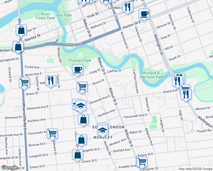 map of restaurants, bars, coffee shops, grocery stores, and more near 89 Ridout Street South in London