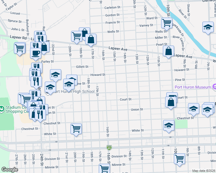map of restaurants, bars, coffee shops, grocery stores, and more near 919 16th Street in Port Huron