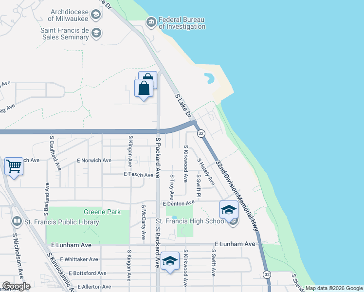 map of restaurants, bars, coffee shops, grocery stores, and more near 3901 Martin Lane in Saint Francis
