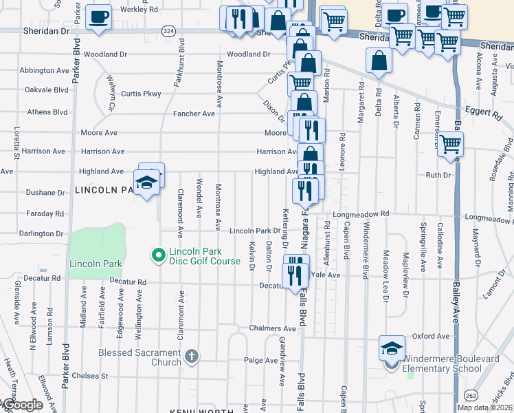 map of restaurants, bars, coffee shops, grocery stores, and more near 229 Kelvin Drive in Buffalo