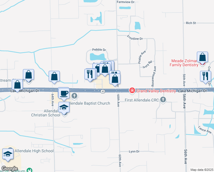 map of restaurants, bars, coffee shops, grocery stores, and more near 6065 Lake Michigan Drive in Allendale Charter Township