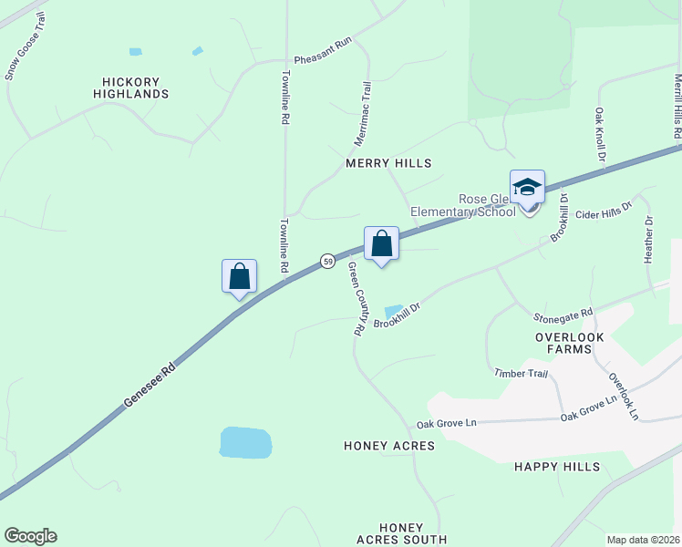 map of restaurants, bars, coffee shops, grocery stores, and more near S39W27843 Genesee Road in Waukesha