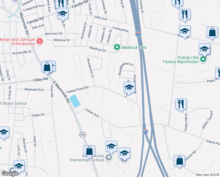 map of restaurants, bars, coffee shops, grocery stores, and more near 62 Green Acres Drive in Manchester