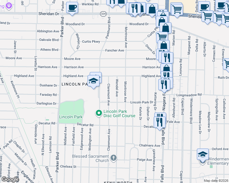 map of restaurants, bars, coffee shops, grocery stores, and more near 557 Wendel Avenue in Buffalo