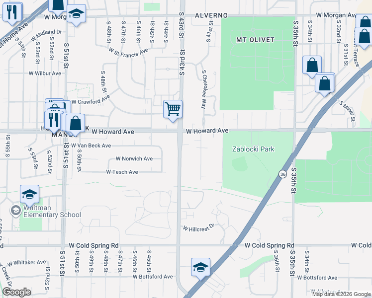 map of restaurants, bars, coffee shops, grocery stores, and more near 4221 West Howard Avenue in Greenfield