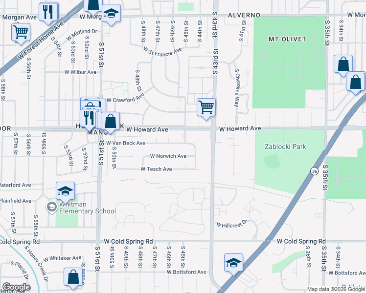 map of restaurants, bars, coffee shops, grocery stores, and more near 4445 West Howard Avenue in Greenfield