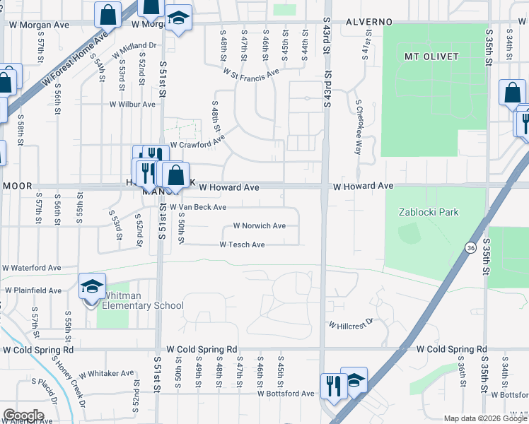 map of restaurants, bars, coffee shops, grocery stores, and more near 4541 West Howard Avenue in Greenfield