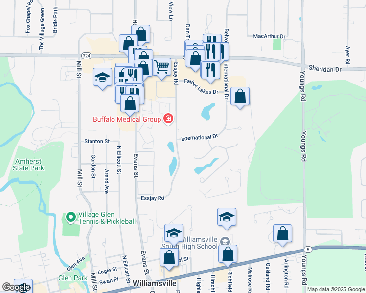 map of restaurants, bars, coffee shops, grocery stores, and more near 350 Essjay Road in Buffalo