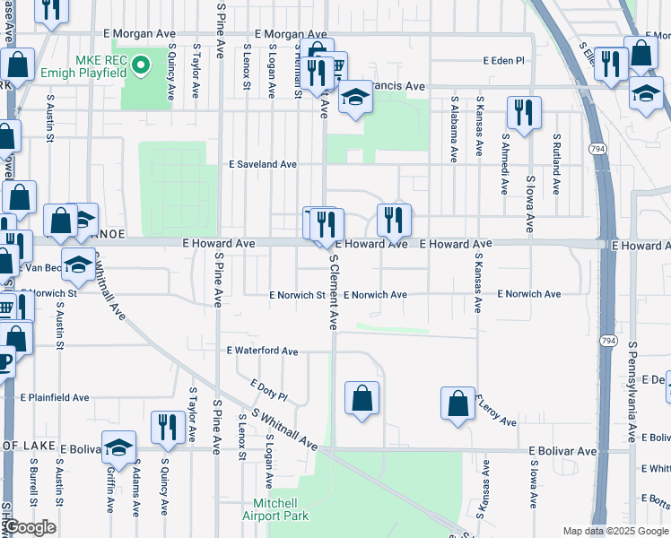 map of restaurants, bars, coffee shops, grocery stores, and more near 3950 South Clement Avenue in Milwaukee