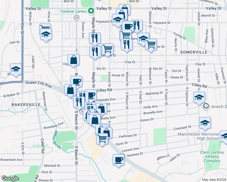 map of restaurants, bars, coffee shops, grocery stores, and more near 533 Shasta Street in Manchester