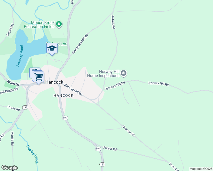 map of restaurants, bars, coffee shops, grocery stores, and more near 9 Antrim Road in Hancock