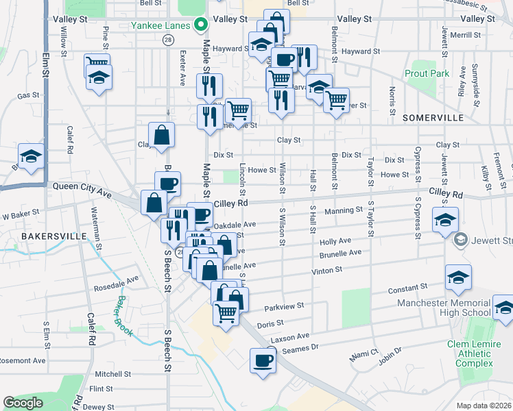 map of restaurants, bars, coffee shops, grocery stores, and more near 533 Shasta Street in Manchester