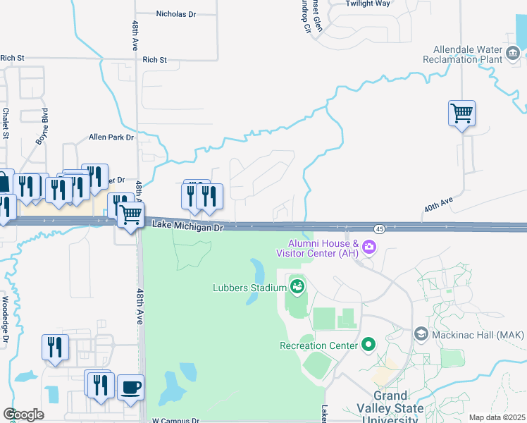 map of restaurants, bars, coffee shops, grocery stores, and more near 4533 Lake Michigan Drive in Allendale Charter Township