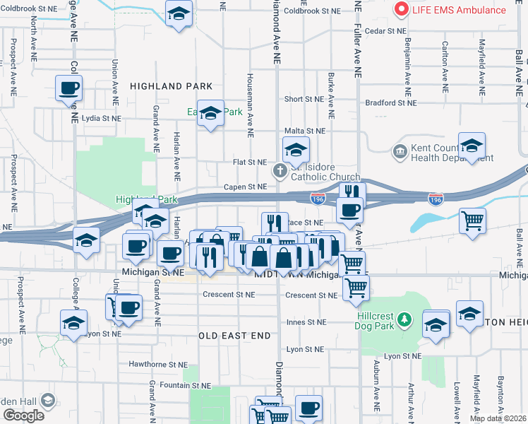map of restaurants, bars, coffee shops, grocery stores, and more near 520 Tuttle Avenue Northeast in Grand Rapids