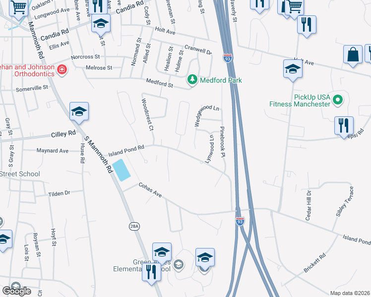 map of restaurants, bars, coffee shops, grocery stores, and more near 208 Green Acres Drive in Manchester