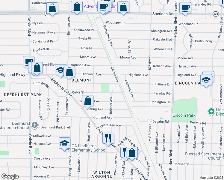 map of restaurants, bars, coffee shops, grocery stores, and more near 186 Stoneleigh Avenue in Buffalo