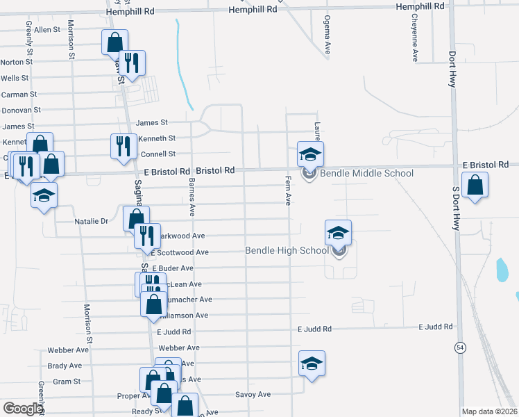 map of restaurants, bars, coffee shops, grocery stores, and more near 2186 East Whittemore Avenue in Burton
