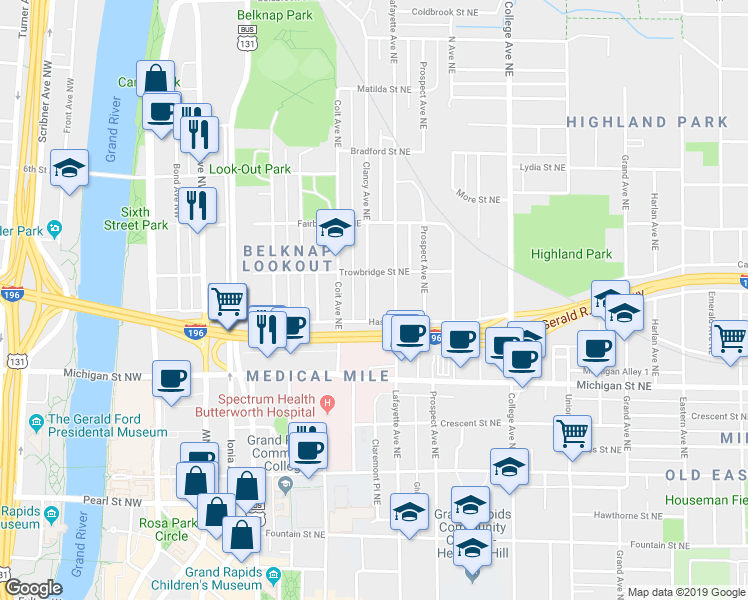 map of restaurants, bars, coffee shops, grocery stores, and more near 522 Clancy Avenue Northeast in Grand Rapids