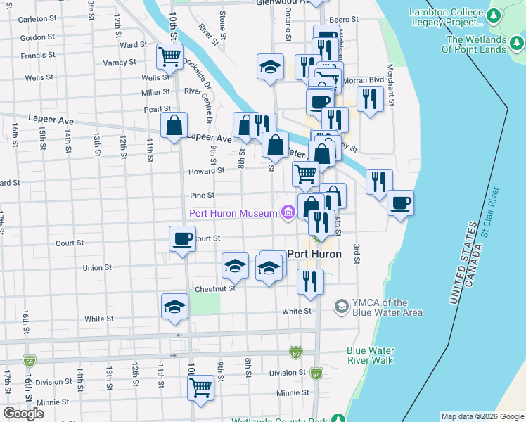 map of restaurants, bars, coffee shops, grocery stores, and more near 710 Pine Street in Port Huron