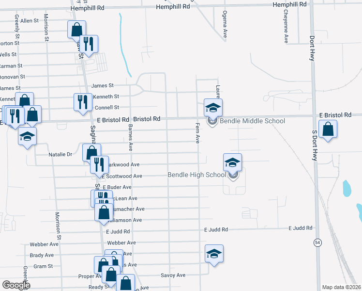 map of restaurants, bars, coffee shops, grocery stores, and more near 2186 East Whittemore Avenue in Burton