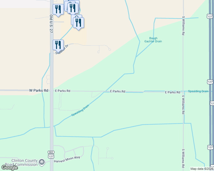 map of restaurants, bars, coffee shops, grocery stores, and more near 1277 East Parks Road in Saint Johns