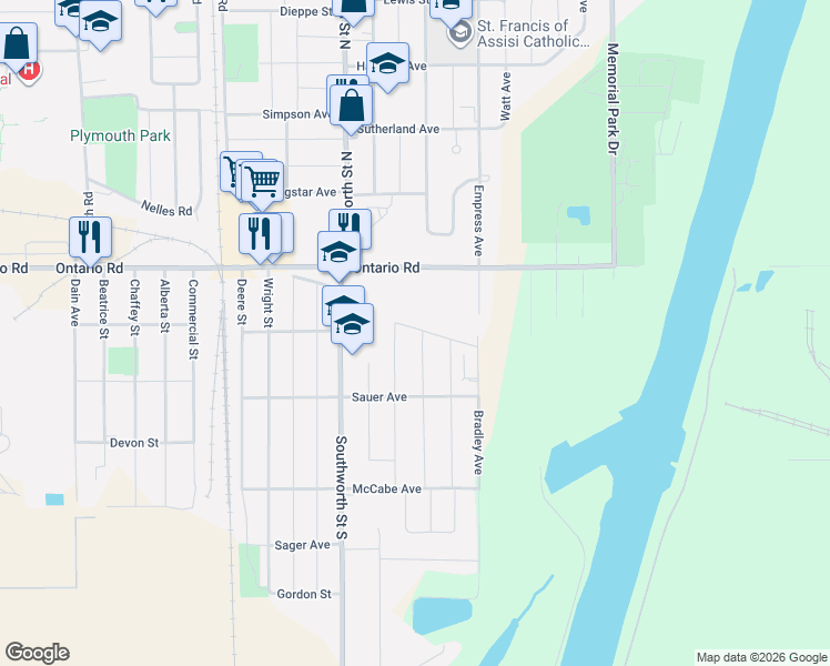 map of restaurants, bars, coffee shops, grocery stores, and more near 4 McLaughlin Street in Welland