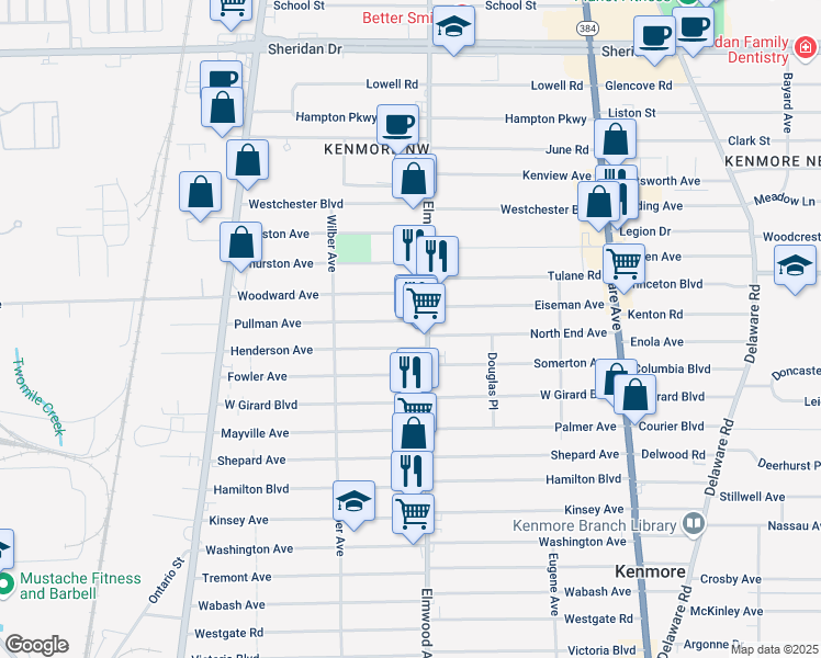 map of restaurants, bars, coffee shops, grocery stores, and more near 2788 Elmwood Avenue in Buffalo