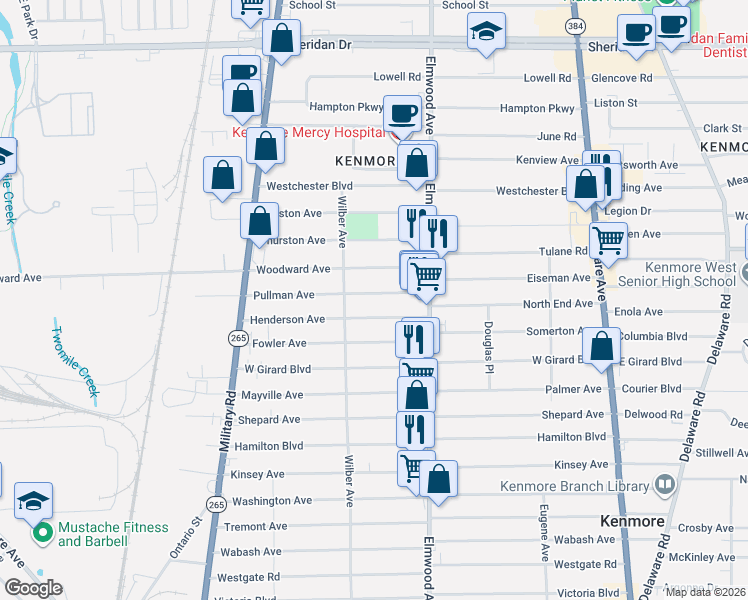 map of restaurants, bars, coffee shops, grocery stores, and more near 42 Woodward Avenue in Kenmore