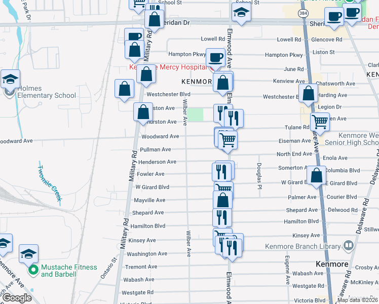 map of restaurants, bars, coffee shops, grocery stores, and more near 84 Woodward Avenue in Kenmore