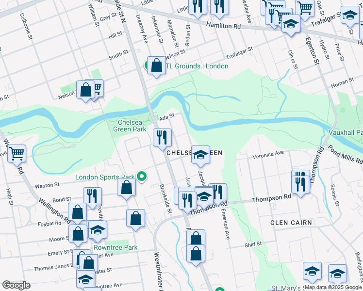 map of restaurants, bars, coffee shops, grocery stores, and more near 46 Terrace Street in London