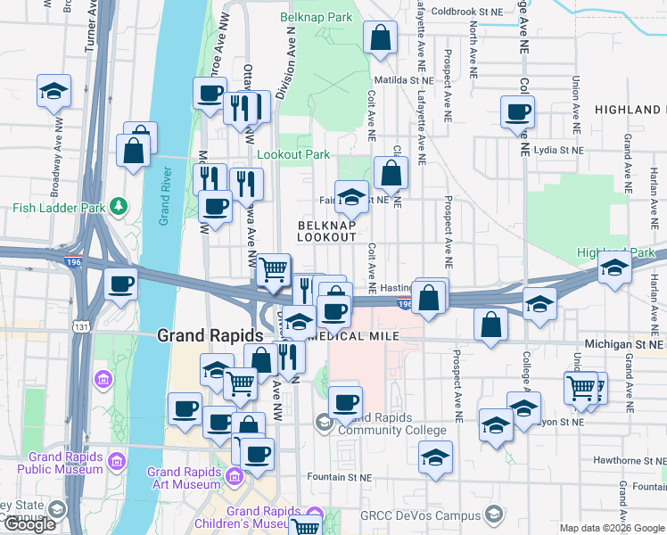 map of restaurants, bars, coffee shops, grocery stores, and more near in Grand Rapids