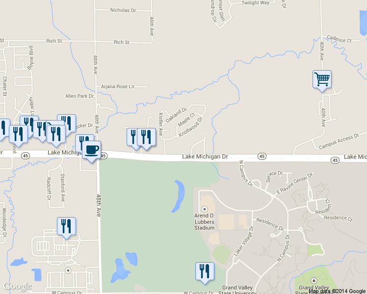 map of restaurants, bars, coffee shops, grocery stores, and more near 4555 Knollwood Drive in Allendale Charter Township