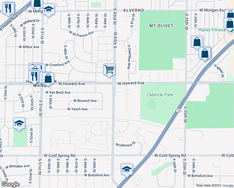 map of restaurants, bars, coffee shops, grocery stores, and more near 4221 West Howard Avenue in Greenfield