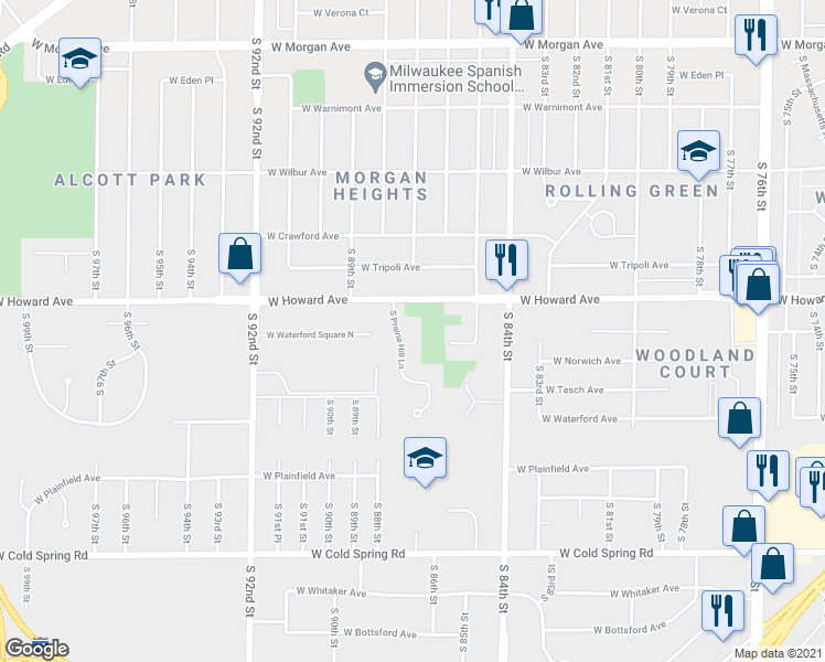 map of restaurants, bars, coffee shops, grocery stores, and more near 3900 South Prairie Hill Lane in Milwaukee