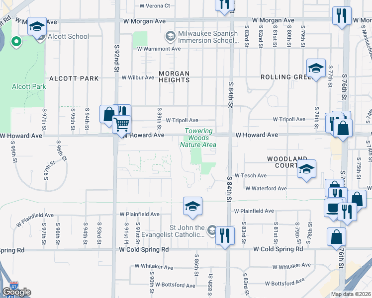 map of restaurants, bars, coffee shops, grocery stores, and more near 3900 South Prairie Hill Lane in Milwaukee