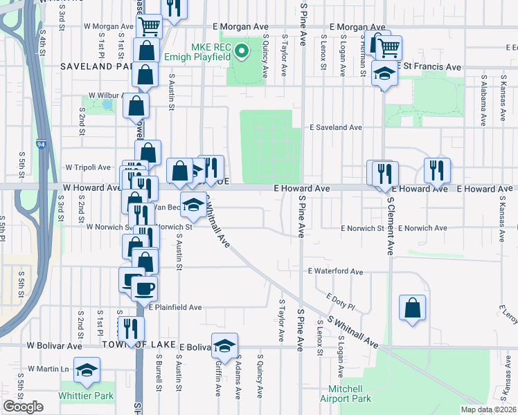 map of restaurants, bars, coffee shops, grocery stores, and more near East Van Beck Avenue in Milwaukee