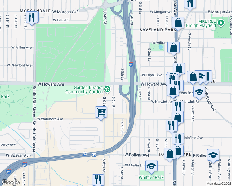 map of restaurants, bars, coffee shops, grocery stores, and more near 529 West Howard Avenue in Milwaukee
