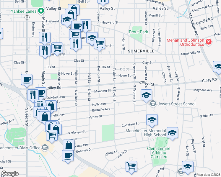 map of restaurants, bars, coffee shops, grocery stores, and more near 532 Cilley Road in Manchester