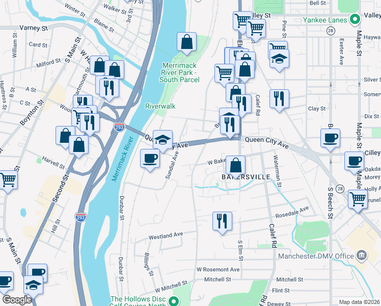 map of restaurants, bars, coffee shops, grocery stores, and more near 209 Queen City Avenue in Manchester